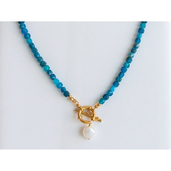 Blue Apatite Gemstone Necklace Gold Toggle Clasp Removable Baroque Pearl Genuine - Picture 6 of 14